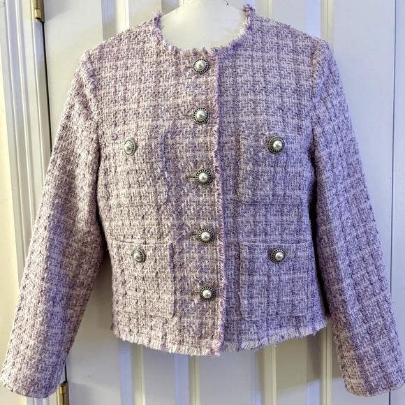 Mango sz M Tweed Jacket, lavender, Cotton mix, EUC, lined, Silver/Pearl buttons - Picture 3 of 7